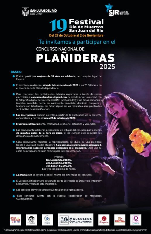 San Juan del Río convoca a participar en Concurso de Plañideras, Catrinas y Marcha de los Muertos