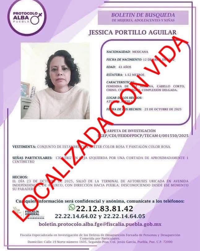 Localizan con vida en Querétaro a mujer desaparecida en Puebla Localizan con vida en Querétaro a mujer desaparecida en Puebla