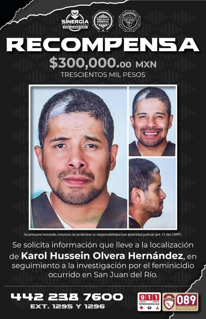 Ofrecen recompensa de 300 mil pesos por presunto feminicida de San Juan del Río