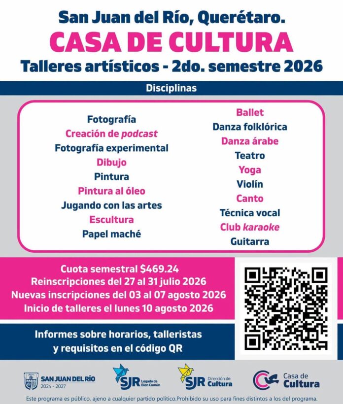 Municipio de SJR anuncia inscripciones y reinscripciones a talleres de Casa de Cultura y Ciudad Vive Oriente