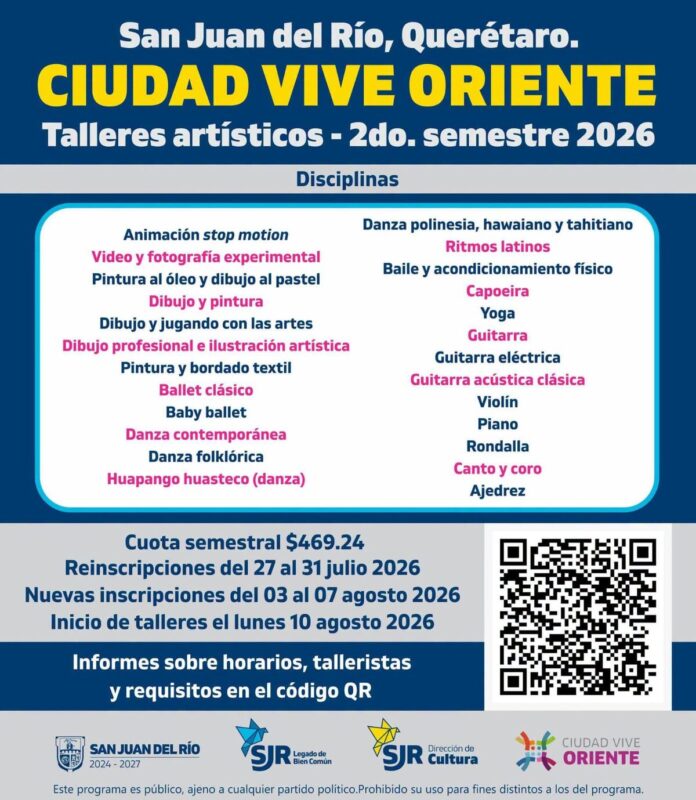 Municipio de SJR anuncia inscripciones y reinscripciones a talleres de Casa de Cultura y Ciudad Vive Oriente