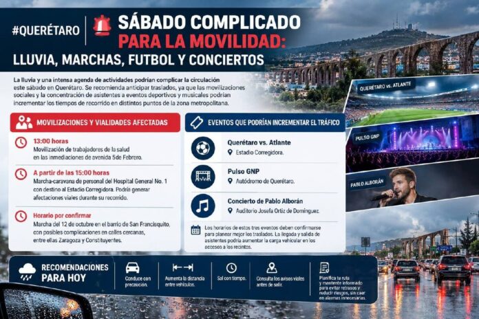 Lluvias y marchas elevarán la congestión en Querétaro este sábado